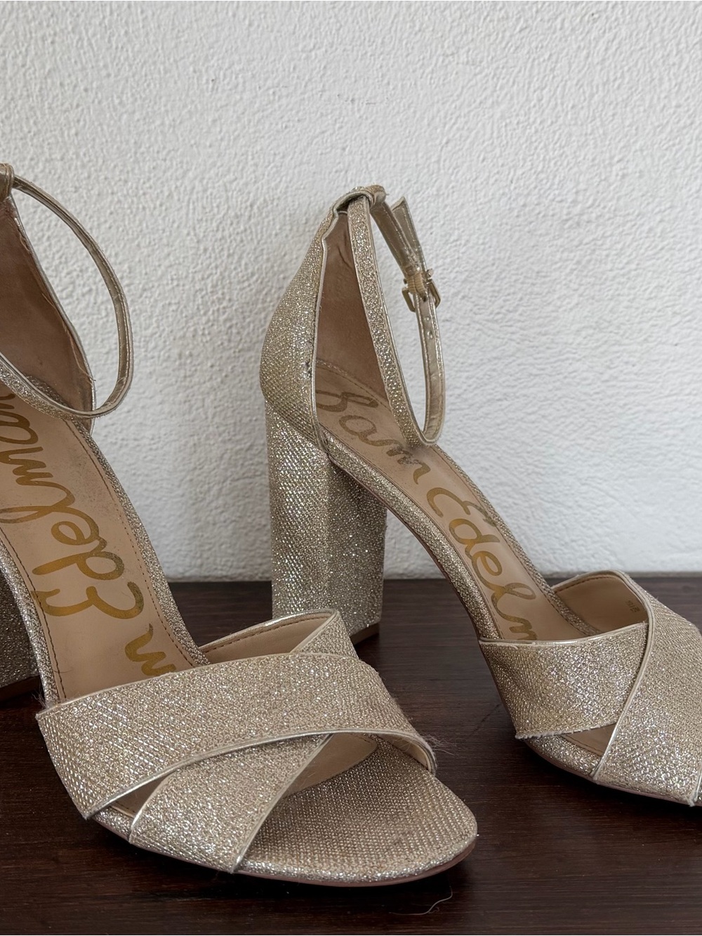 Sam Edelman Glitter Gold Block Heel Sandals with Ankle Strap